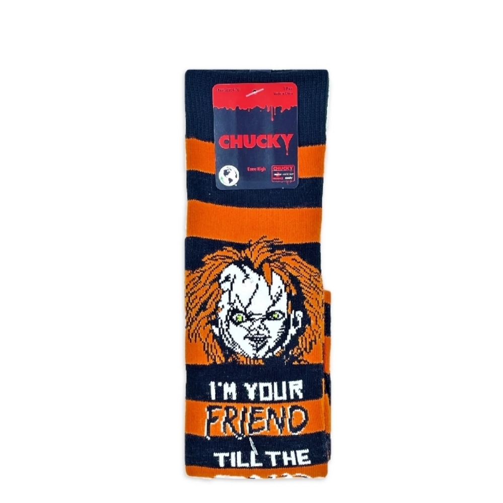 CHUCKY ORANGE & BLACK STRIPED KNEE SOCKS I'M YOUR FRIEND TILL THE END
